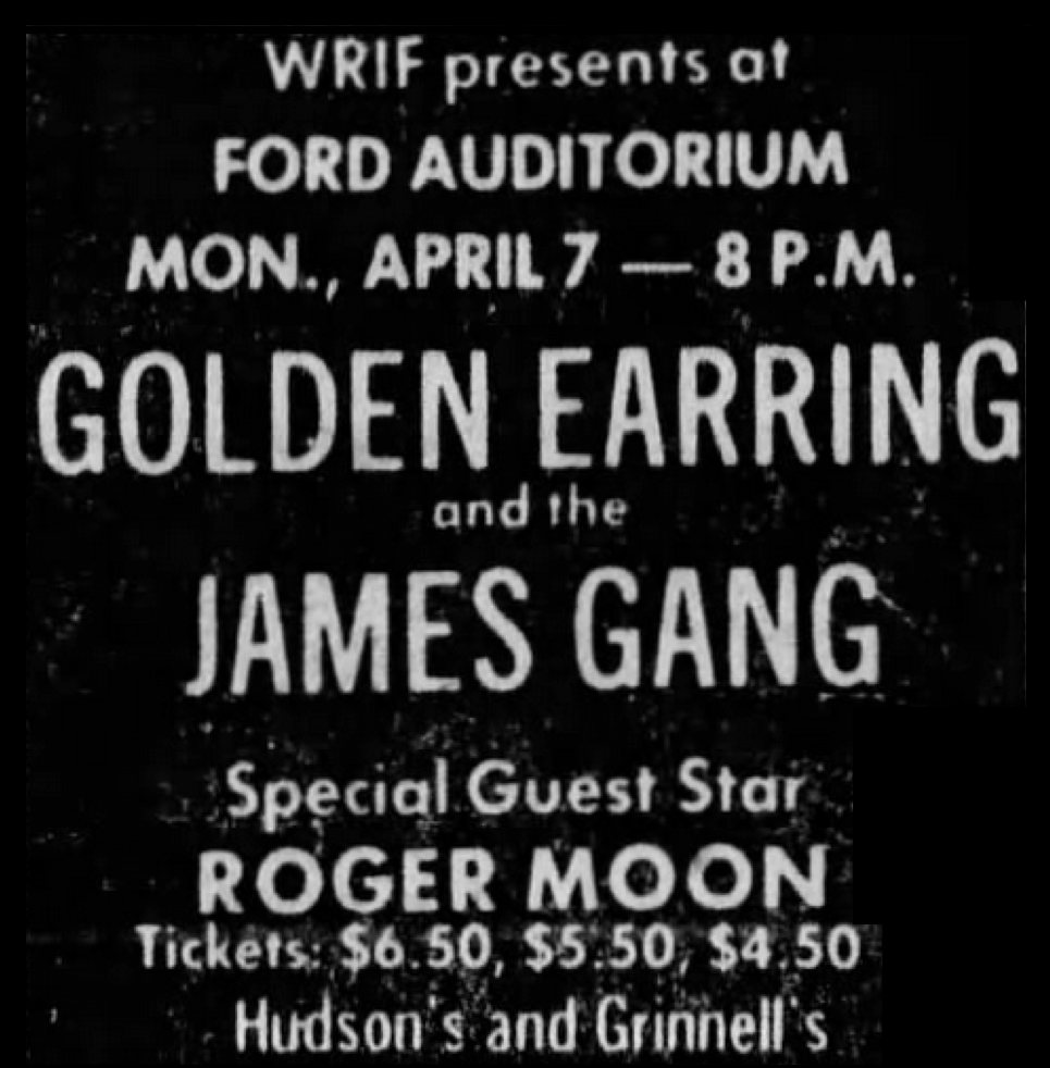 Golden Earring show ad for April 07 1975 Detroit, Michigan - Henry and Edsel Ford Auditorium show with James Gang
